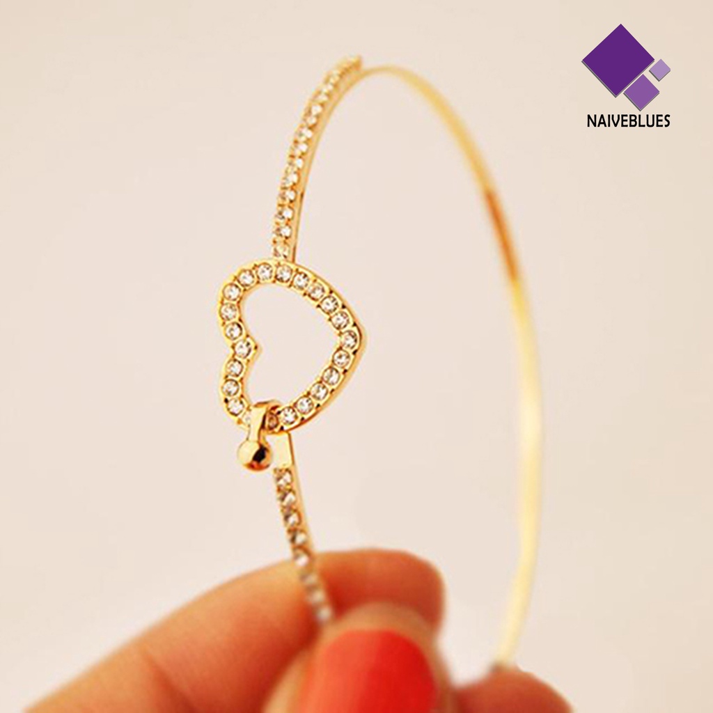 Gelang Bangle Kristal Berlian Imitasi Bentuk Hati Warna Emas Untuk Wanita