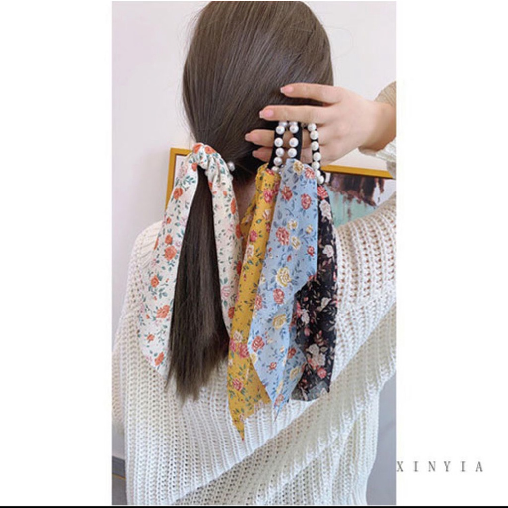 Ikat rambut mutiara pita aneka motif korean style