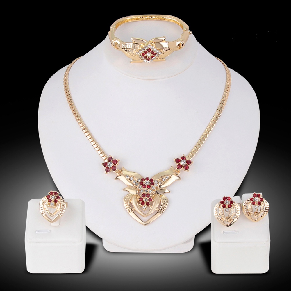 OW@ Women's Wedding Flower Rhinestone Ring Earrings Necklace Bracelet Jewelry Set