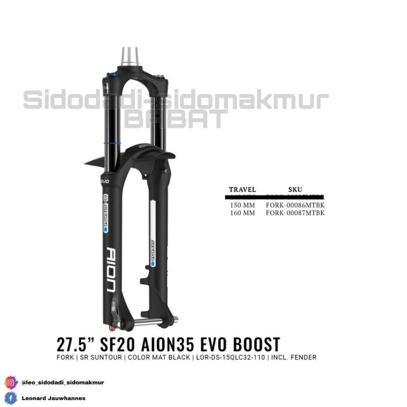SIDODADI FORK AION EVO BOOST 27.5 PCS AIR TRAVEL T150 DAN T160 HITAM DOFF LOCK