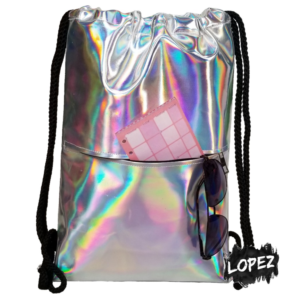 String Bag Hologram Silver / Drawstringbag Holo Bag Rainbow / Goodiebag Mirror Leather Lopez
