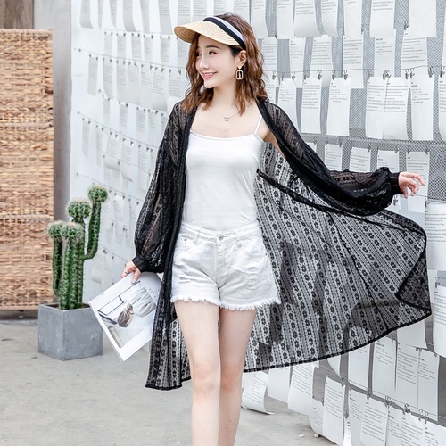 Cardigan Panjang Model Longgar Lengan Lentera Hollow Gaya Korea Bahan Lace Untuk Wanita-Hitam