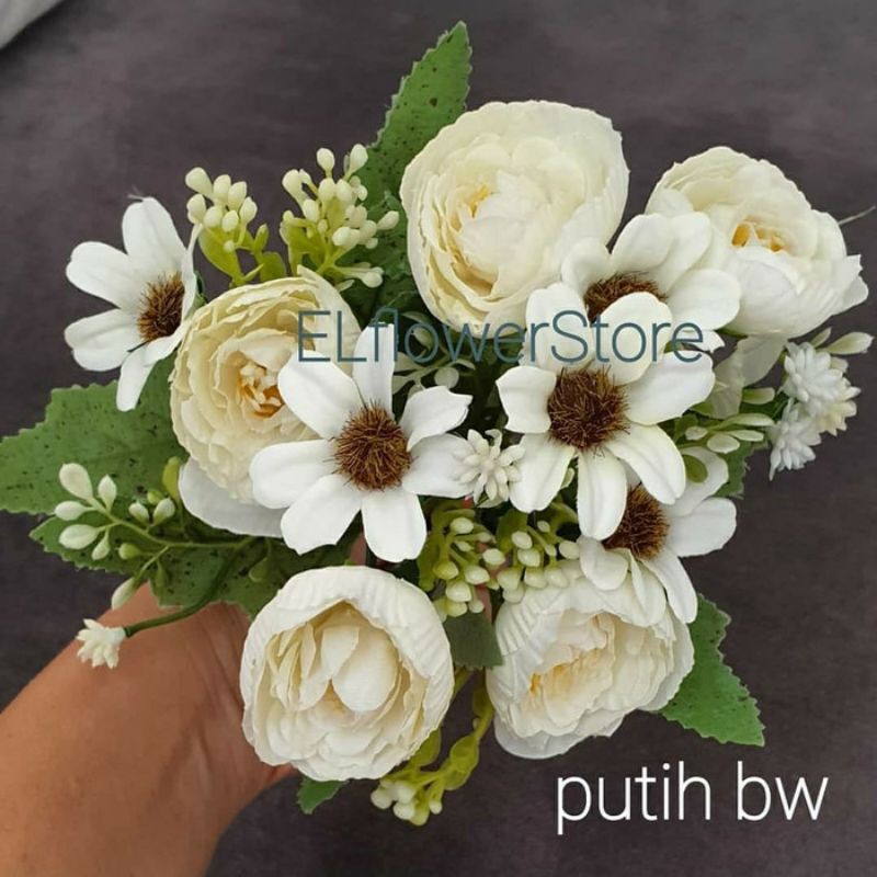 PEONY 5 kuntum + aster 5 kuntum + 5 babybreath BUNGA ARTIFICIAL PALSU Dekorasi-putih bw