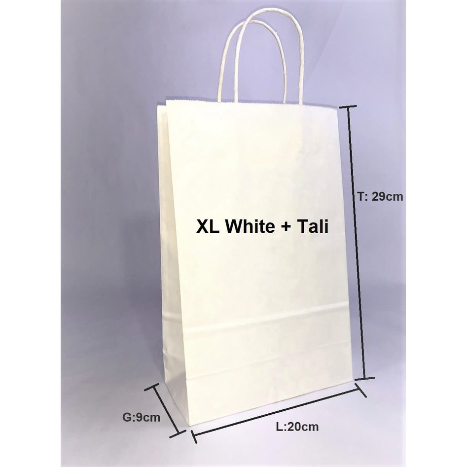 

Paperbag SOS XL 20x9x29cm Putih + Tali Kertas Samson A3 Paper Bag Coklat Polos / Putih Polos Besar