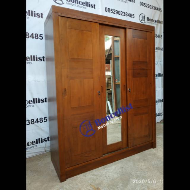 Lemari pakaian pintu 3 sliding door kayu jati jepara