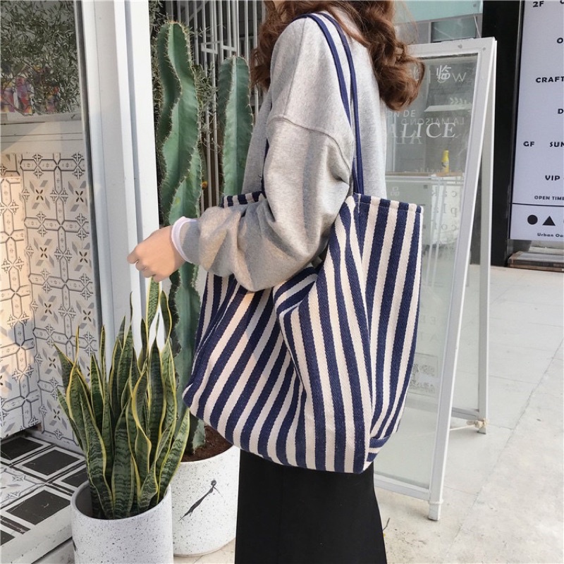 KOREAN STRIPE CANVAS TOTE BAG TAS BAHU KOREA