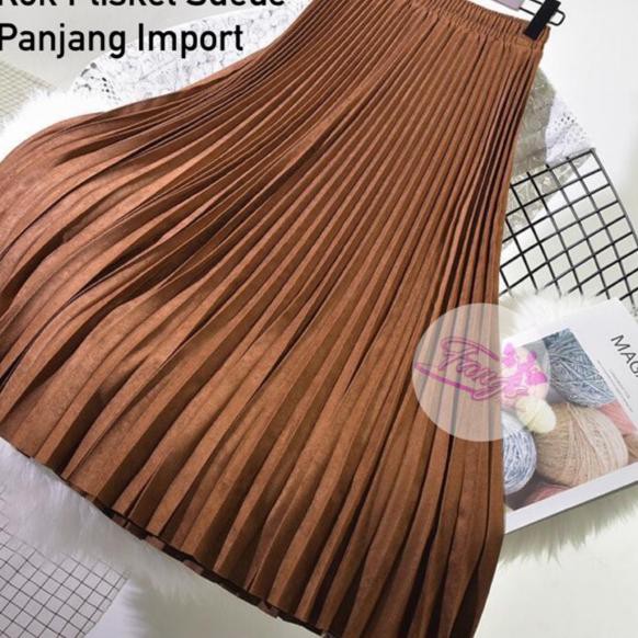 ♠ FW R86LG Rok Plisket Suede Panjang London Girl Import | Rok Plisket Bahan Suede Merk London Girl ☻