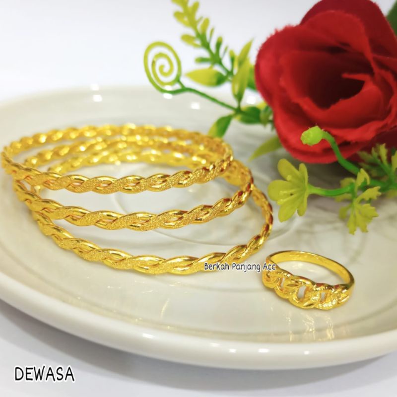 SET GELANG KRONCONG MOTIF+CINCIN RANTAI GOLD 24K ANTI KARAT