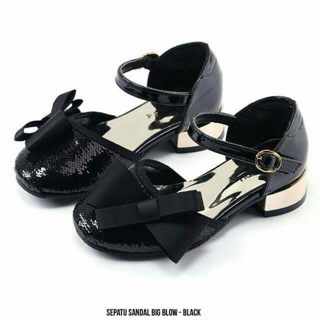 Sepatu flat pesta  formal hitam silver cantik pita glitter 