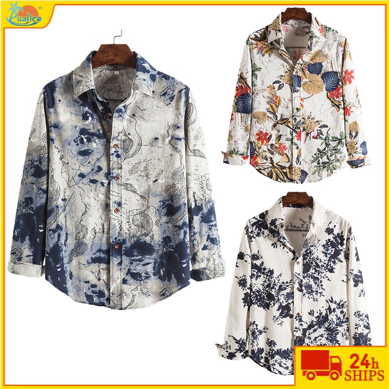 【Titik】batik Kemeja Pria Lengan Panjang Pria Korea Slim Fit Bisnis Kasual Pantai Hawaii Bunga Kemeja