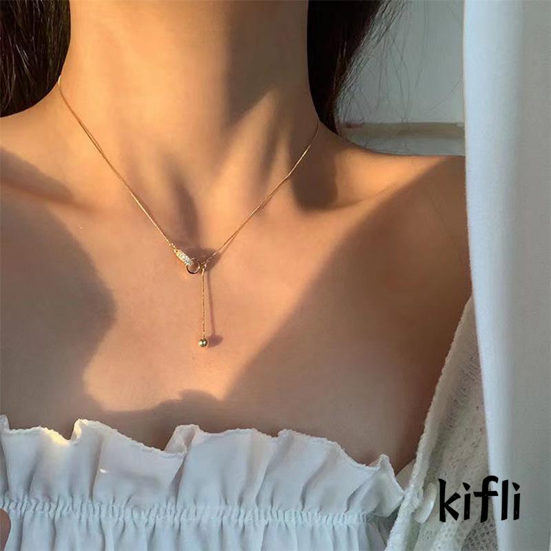 Kalung Rantai Dengan Liontin Cincin Ganda Aksen Berlian Imitasi Untuk Wanita (KD)