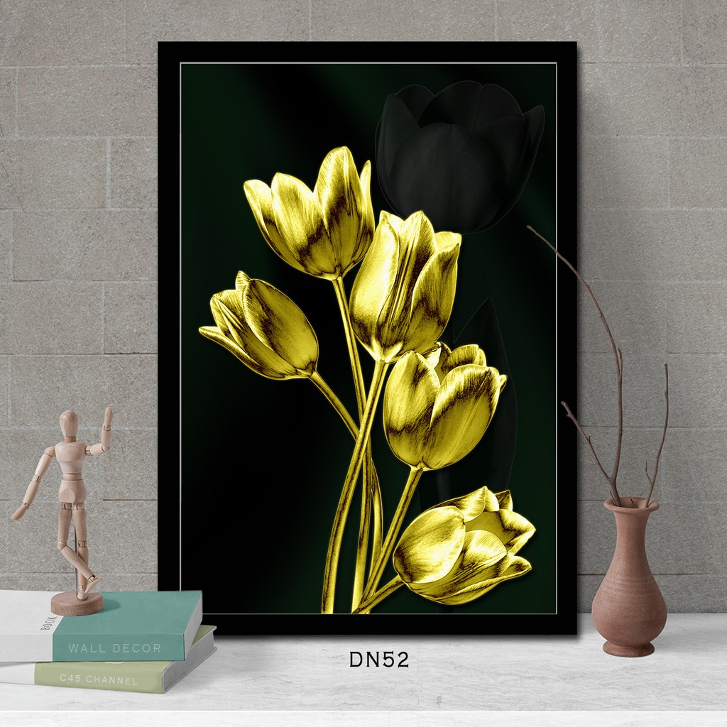 Dekorasi Dinding Kamar Gold Flower TULIP Poster Kayu Koleksi Bunga Tropis Hiasan Tembok Hotel Vila W