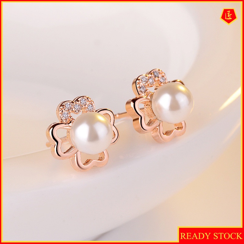 [Ready Stock]Korean Style Silver Clover Pearl Stud Earrings