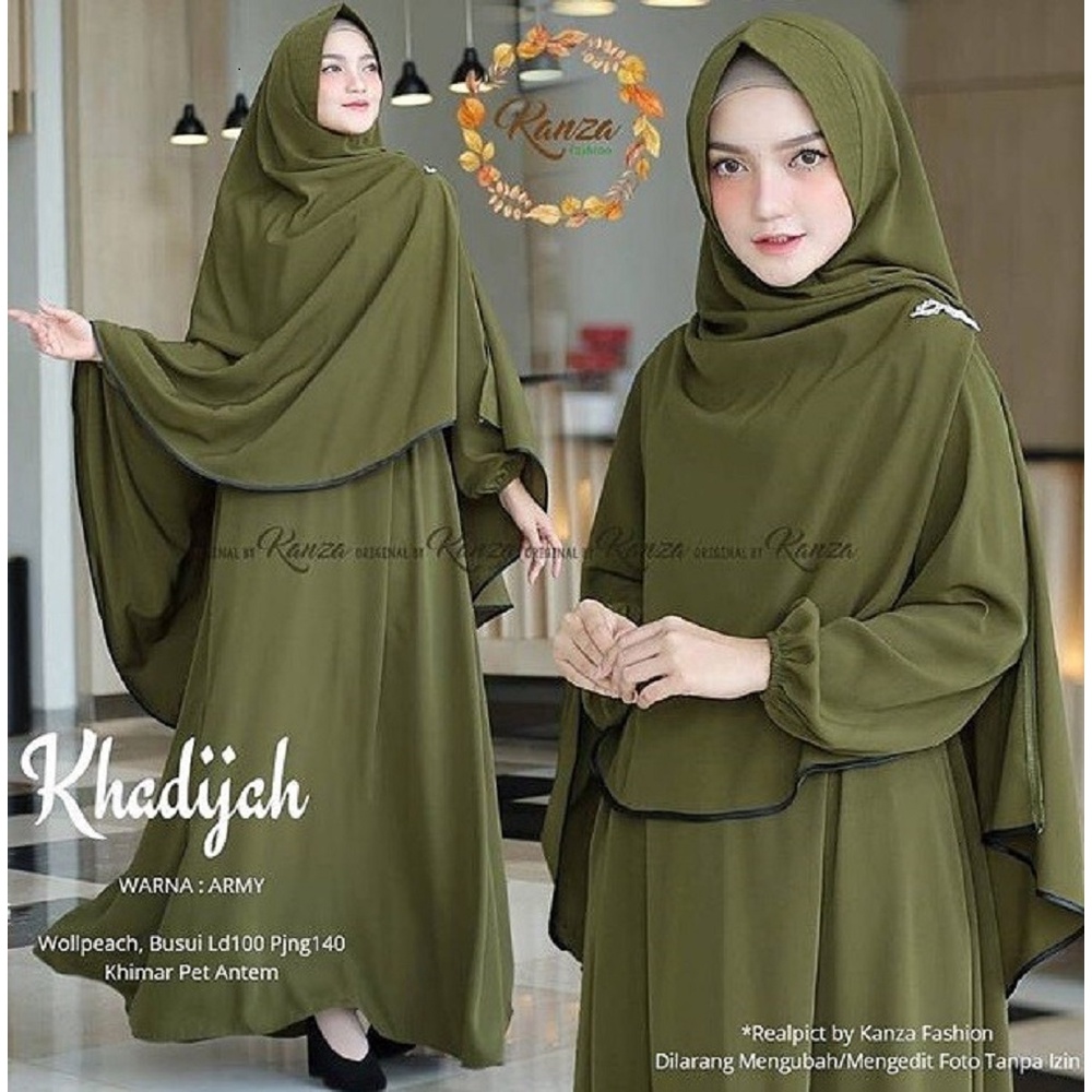 Gamis Syari Plus Kerudung KHADIJAH SYARI Baju Muslim Wanita Kekinian Jumbo Terbaru Warna Army