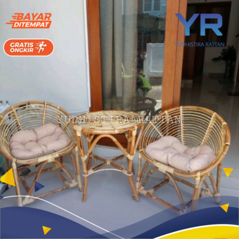 Kursi Teras Keong FREE 2 Bantal FINISHING MENGKILAP / Kursi Rotan Natural