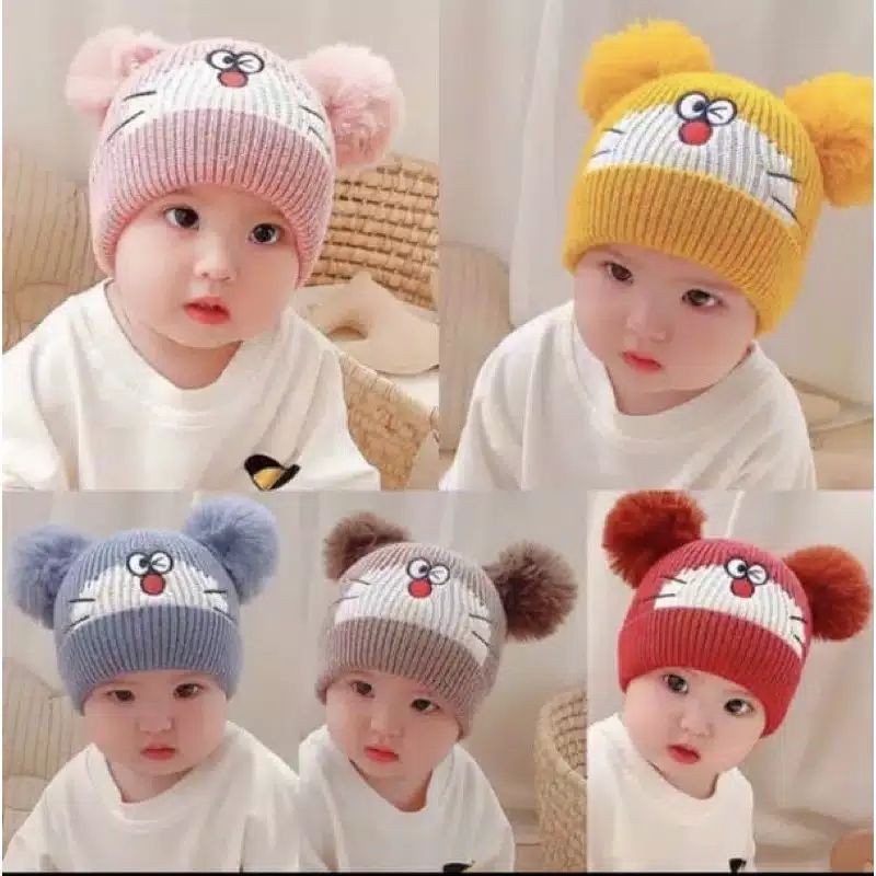 Topi Rajut Bayi Doraemon Bordir Nama Pria Wanita