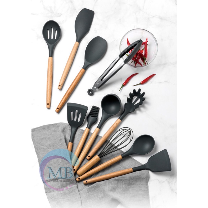 RT82 Kitchen Utensil Silicone wood 12pcs Set Peralatan Dapur Masak Baking Sutil Spatula Sendok Silikon Set Alat Masak 11 in 1 gagang kayu MB2924