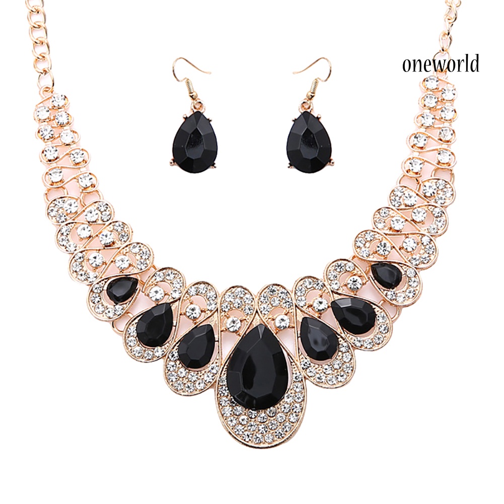 OW@ 2Pcs/Set Teardrop Rhinestone Statement Bib Necklace Earrings Bridal Jewelry Gift