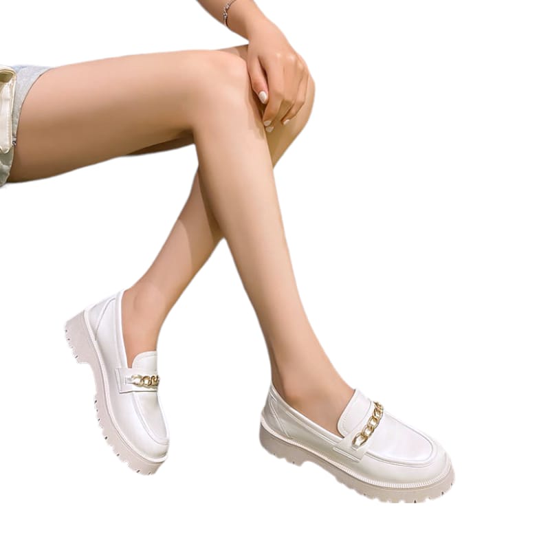 SEPATU WANITA G-SEL LOAFERS RANTAI BESI WHITE GLOSY IMPOR PREMIUM WHT 07