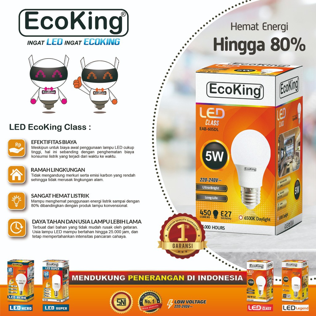 Jual LED BULB ECOKING CLASS 5W putih / LAMPU LED / LED MURAH / LAMPU ...