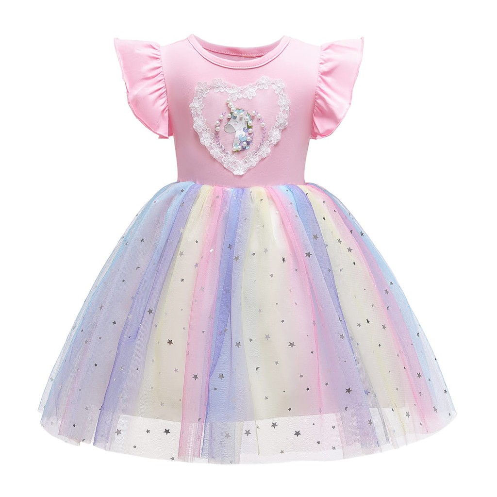 UNICORN HEART DRESS LENGAN PENDEK PANJANG / DRES PESTA RAINBOW / GAUN PRINCESS ANAK TUTU PELANGI