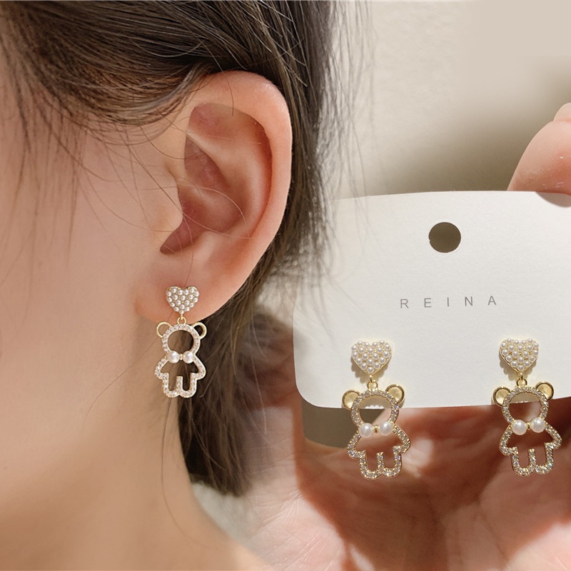 Heart Bear Anting Imitasi Mutiara Zirkon Berlian Imitasi Gadis Manis Minimalis Ear Studs Bridal Wedding Drop Elegan Perhiasan Aksesoris