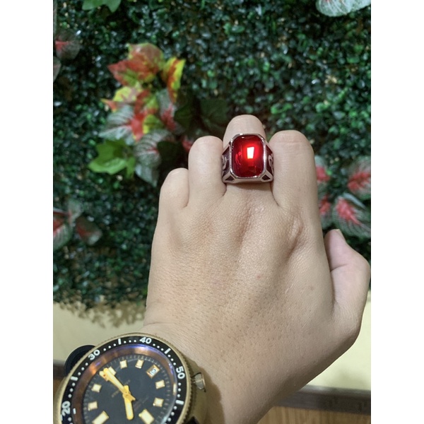 Cincin Pria Titanium 316L Stainless Steel Original Nordic Viking Odin Totem Premium Batu Red Ruby