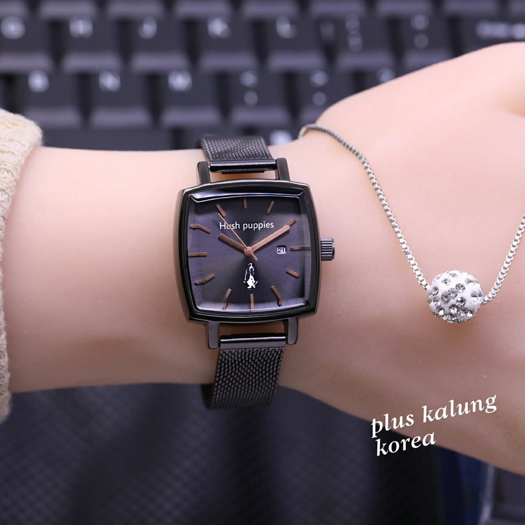 Jam Tangan Wanita Fashion Hush Puppies L1953S Tali Rantai Magnet Tanggal Aktif Free Box Kalung &amp; Baterai