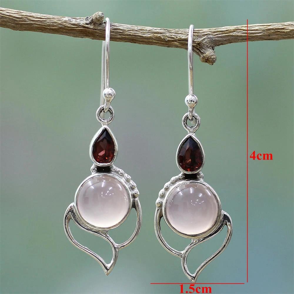 Anting LILY Moonstone Chic Perhiasan Pernikahan Pertunangan Kait Garnet Ruby Chalcedony