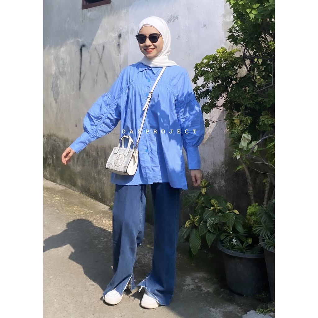 Clarisa Poplin Kemeja Tangan Serut Polos Kemeja Serut di Tangan Kemeja Polos Kemeja Korea by DAZPROJECT
