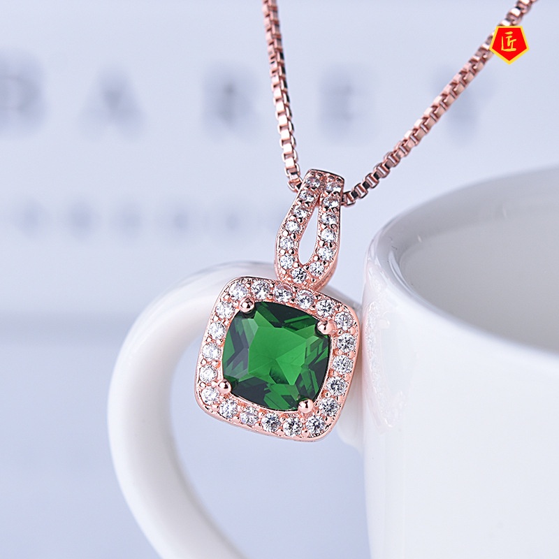 [Ready Stock]European and American Women's Shiny Zircon Square Diamond Pendant Noble Temperament