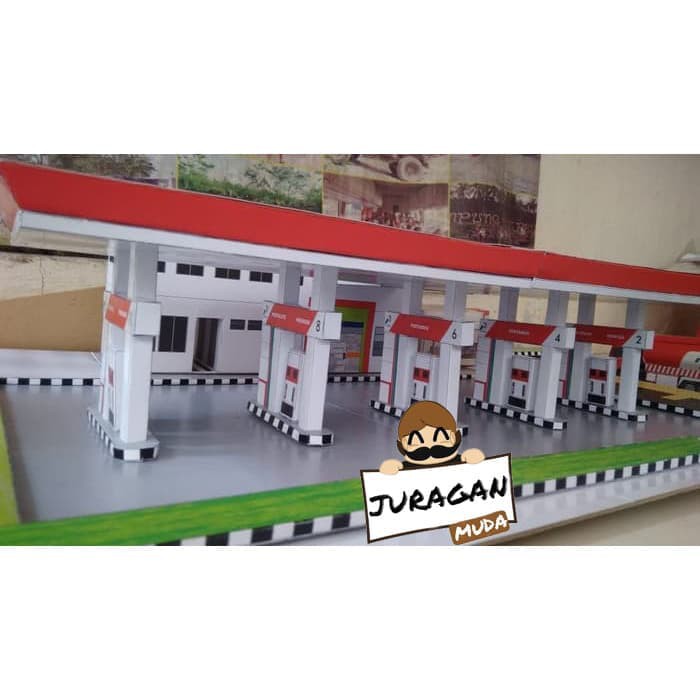 DIY Miniatur Papercraft SPBU Pertamina Plus Minimarket dan Kantor