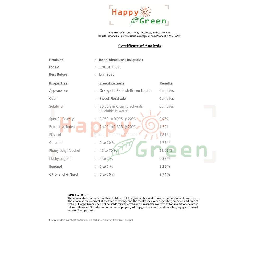 Happy Green Rose Damascena Absolute Oil - Minyak bunga Mawar Damascena