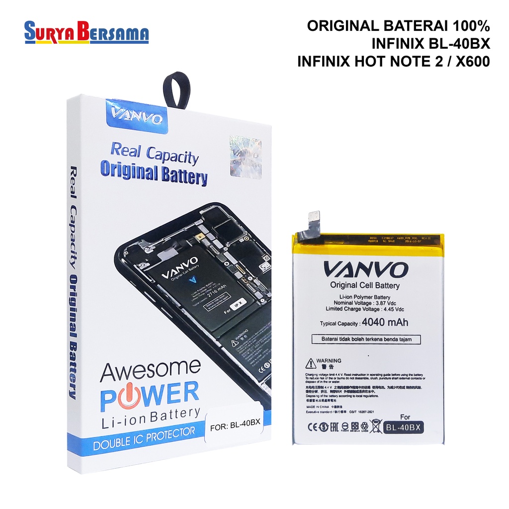 BATERAI VANVO BATERAI ORI 100 INFINIX BL-40BX INFINIX HOT NOTE 2 X600