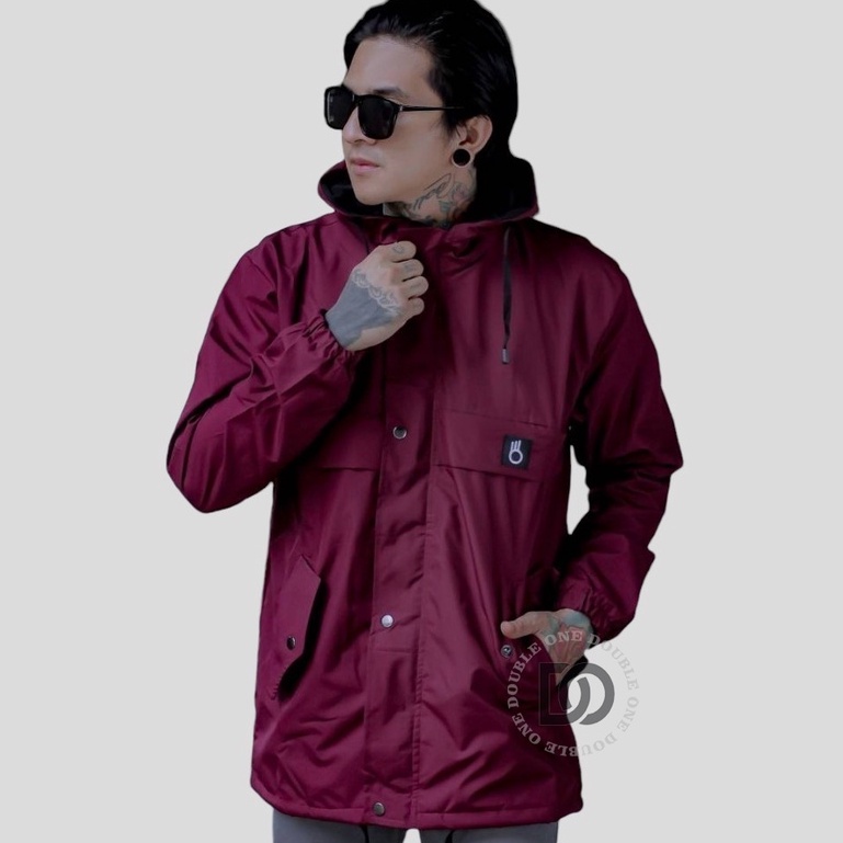 DOUBLE ONE - Jaket Hoodie Pria Outdoor Taslan Original The Bojiel / Jaket Parka Parasut / Jaket Hoodie Waterproof Maroon