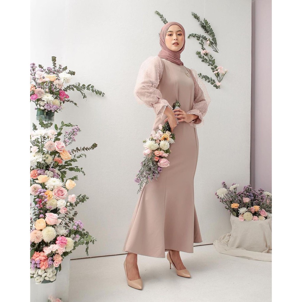 Gaun Pesta Muslimah Davea Maxi Dress Duyung Baju Kondangan Muslim Gamis Polos Scuba Organza Dot Paka