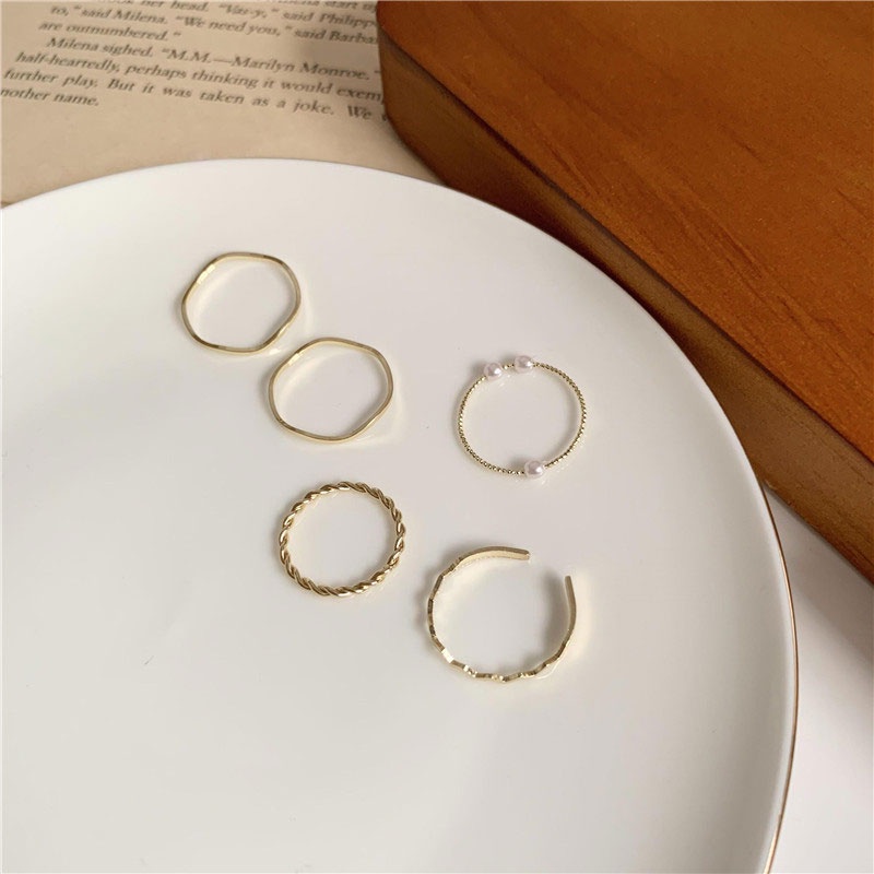 5pcs / Set Cincin Mutiara Geometris Gaya Korea Untuk Aksesoris Wanita