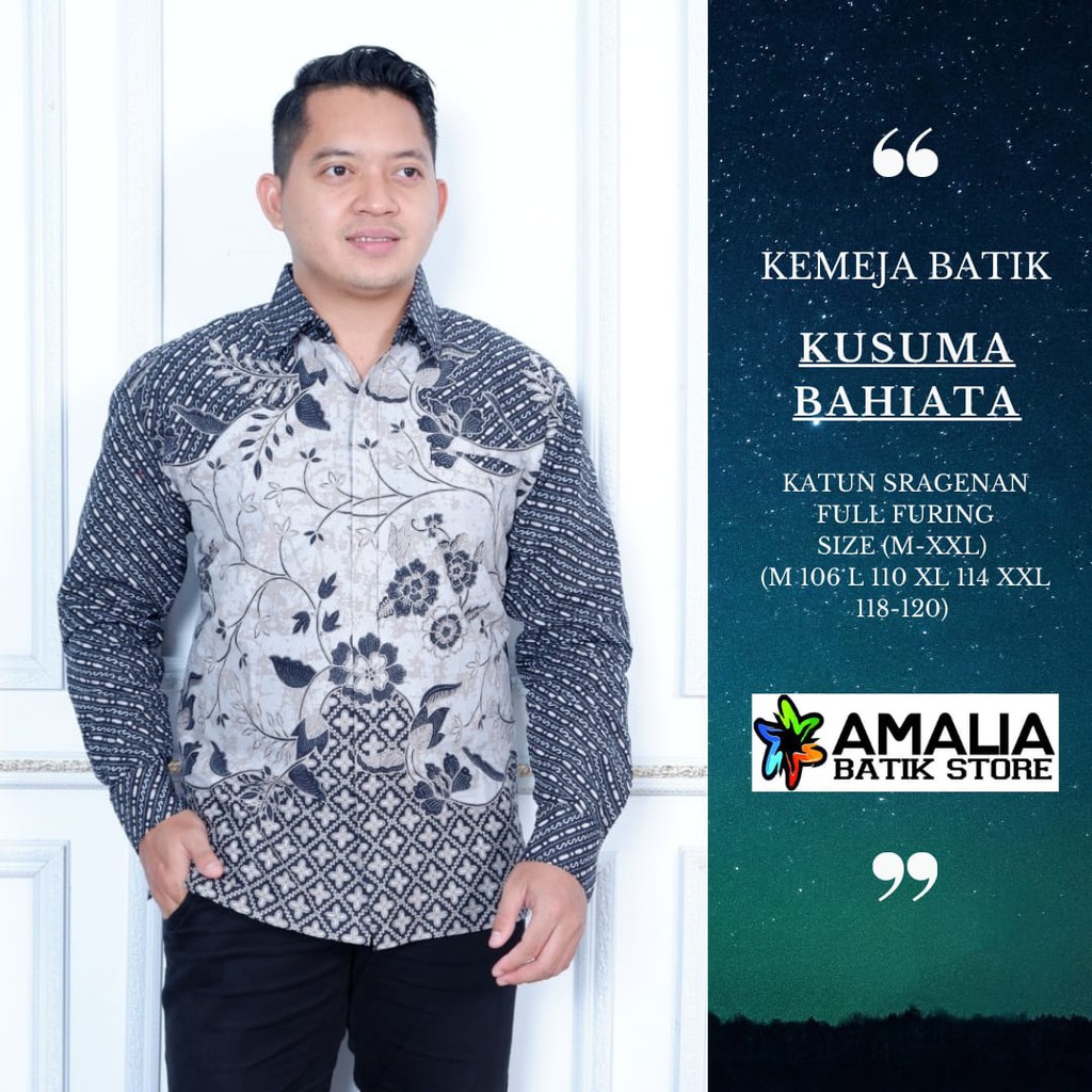 KUSUMA BAHIATA BATIKSOLOAMANAH KEMEJA BATIK SOLO PRIA LENGAN PANJANG PENDEK LAPIS FURING ATASAN PREMIUM MODERN KATUN HALUS KEMBAR SIAM BAUREKSO NAVY PERMATA BIRU LESMANA MERAK PUTIH ABHINAYA PEKSI SEMULUR BONDOWONGSO MACAN RAFFI AJI LUWUNG KANAYA AMALIA