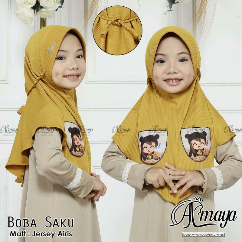 Jilbab anak boba saku amaya/ bergo anak plisket motif karakter lucu