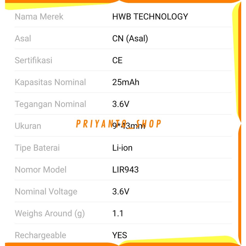 BATTERY BATERAI LIR943 LIR940 RECHARGEABLE