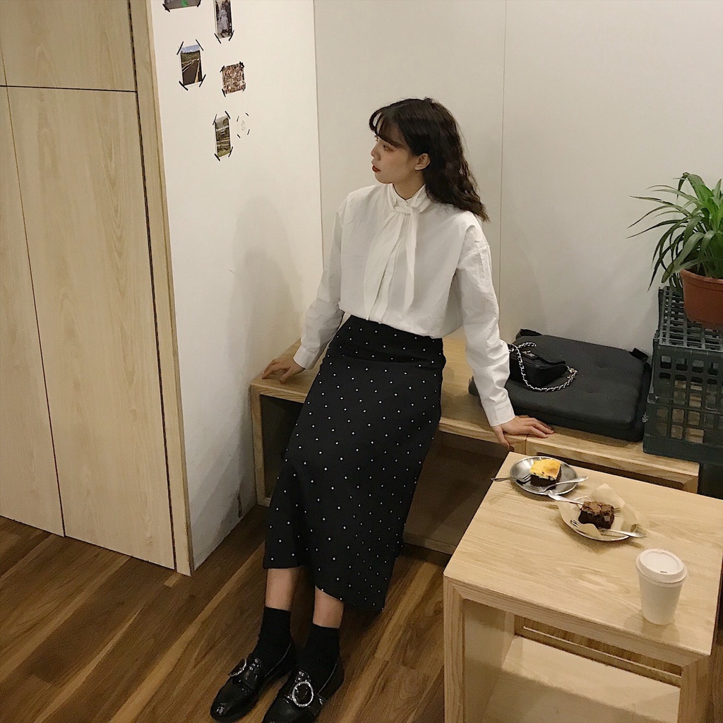 Versi Korea Fashion Chic Retro Pinggang Tinggi Hitam Polka Dot A-line Rok Wanita