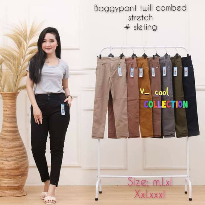 Celana Baggy Pants Wanita Bahan Combed Stretch Melar dan Tebal