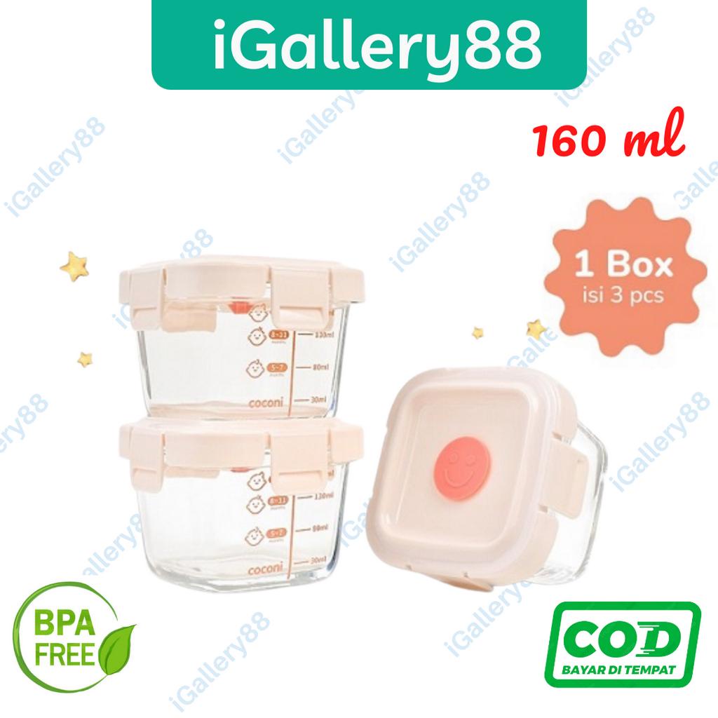 COCONI Baby Food Glass Container 3 Pcs x 160ml | Wadah Penyimpanan Makan Kaca Anak MPASI Kedap Udara