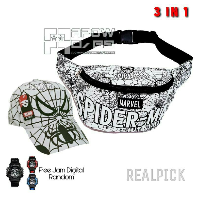 waistbag anak canvas karakter superhero 3in1 - waistbag + topi + jam tangan