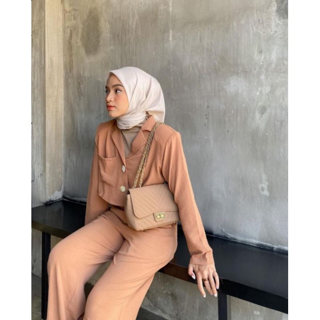 ONE SET CROP TOP BLEZER || KEMEJA CROP CRINGKLE || SET WANITA-1