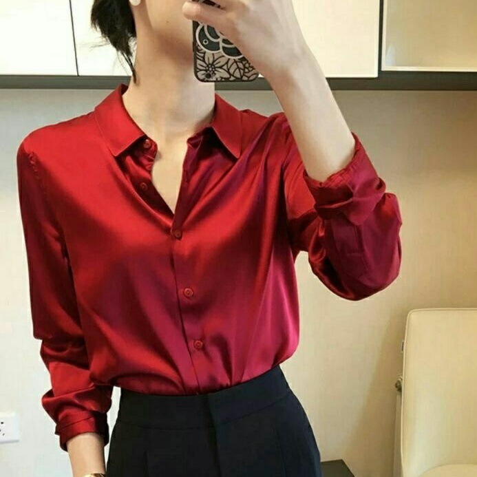 2520 Baju atasan kemeja satin lengan panjang polos wanita import baju atasan kemeja blouse kerja kan