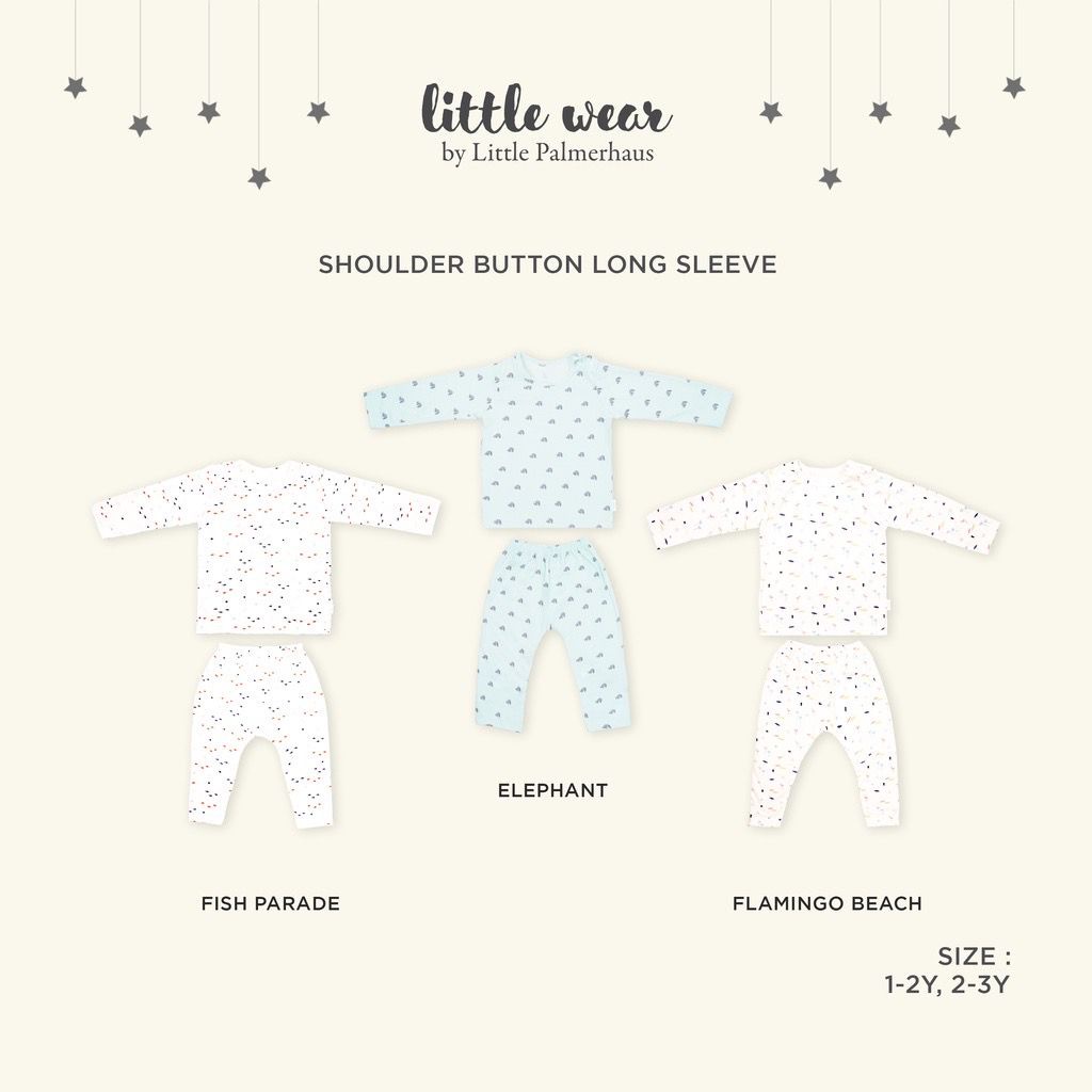 Baju Bayi Anak 1 – 3 Tahun Setelan Piyama Panjang Palmerhaus Little Wear Shoulder Button Long Sleeve Fish Parade / Elephant / Flamingo Beach