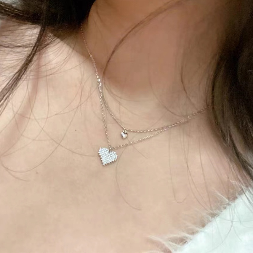 Kalung Rantai Klavikula Model Lapis Ganda Desain Hati Warna Silver Gaya Korea Untuk Wanita