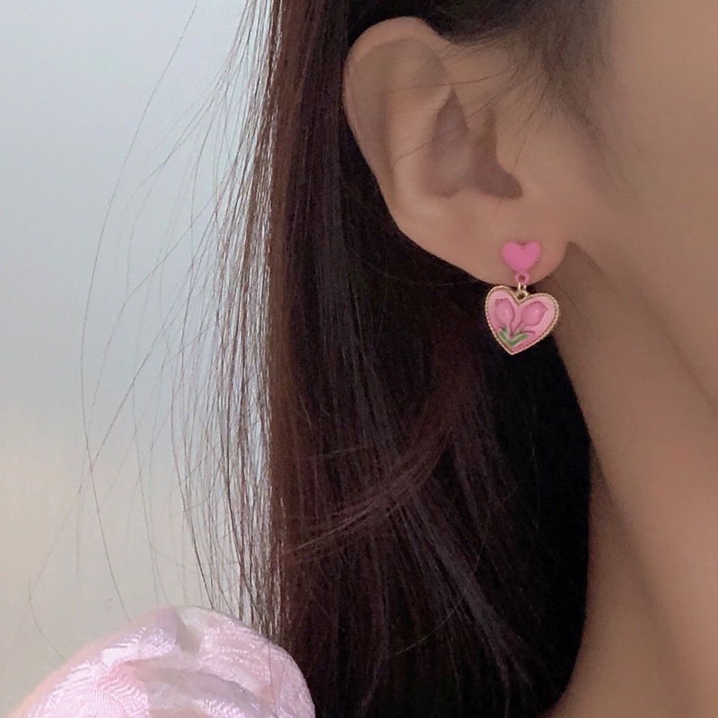 Anting Bentuk Hati Warna Pink Gaya Korea