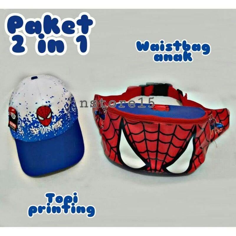 new cod 2in1 topi anak laki laki bordir spiderman dan tas selempang anak laki laki waistbag anak usia 2-10 tahun